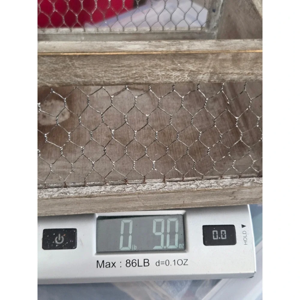 Rustic Farmhouse Beige Grey Wood Crate with Chicken Wire Mesh Sides and Handles